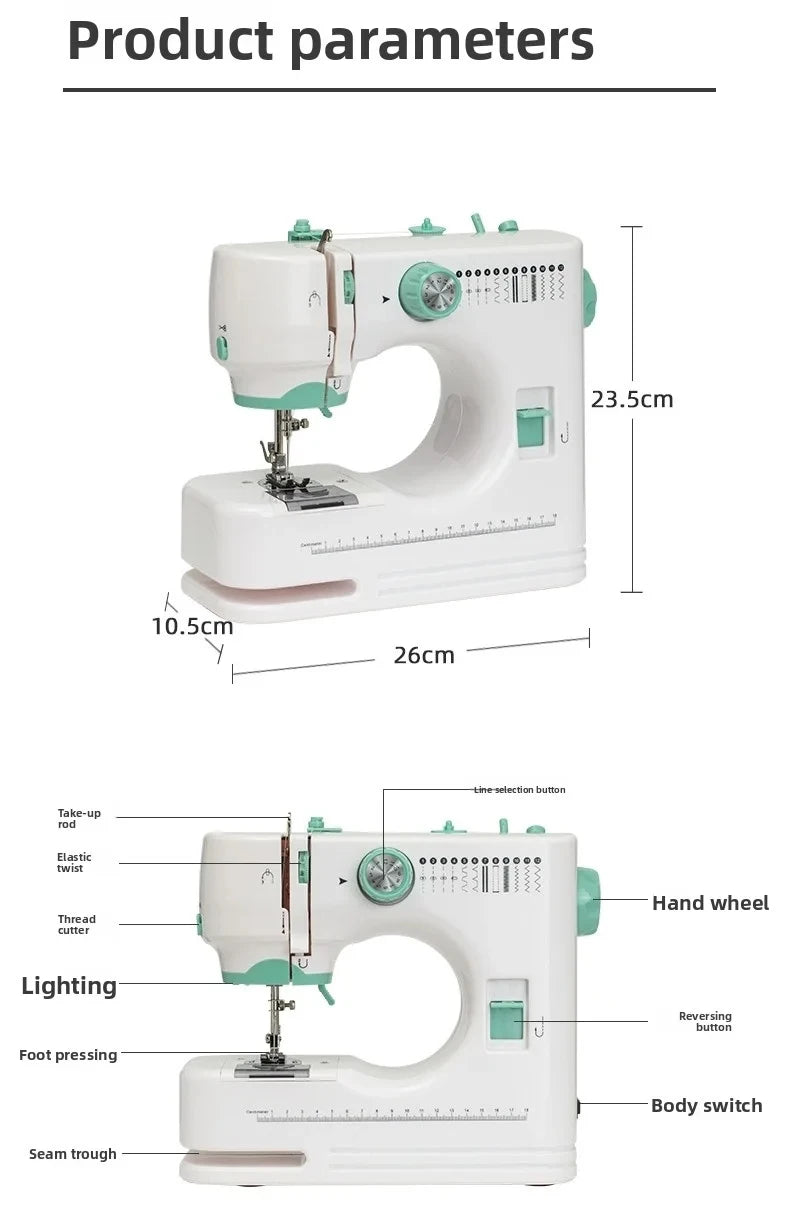 Macchina da cucire elettrica portatile per principianti, 12 punti integrati con luce LED, pedale e kit di cucitura a doppio filo, presa EU 100-240V, tensione universale