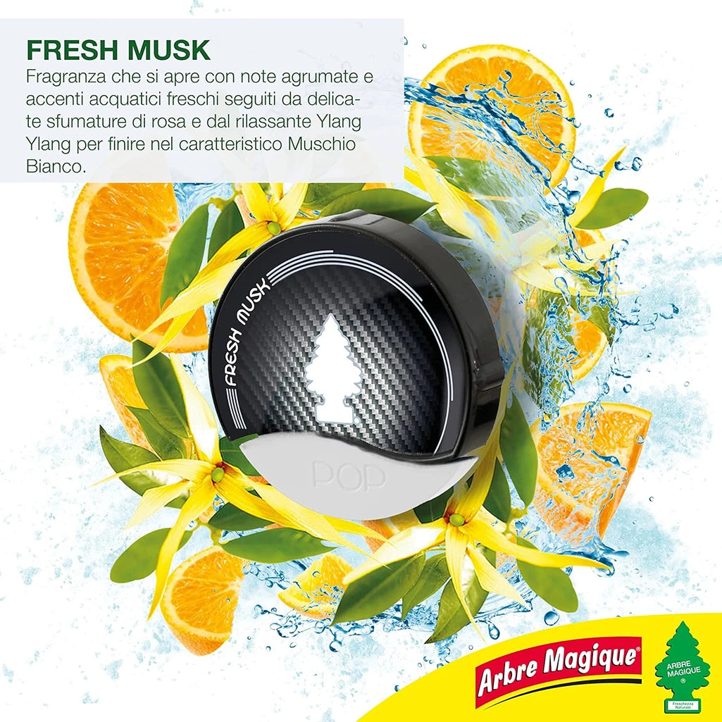Confezione da 6 o 12 Arbre Magique POP Fresh Musk, profumatori auto solidi, fragranza morbida e fresca, formato scorta per auto, furgone, armadio e piccoli ambienti