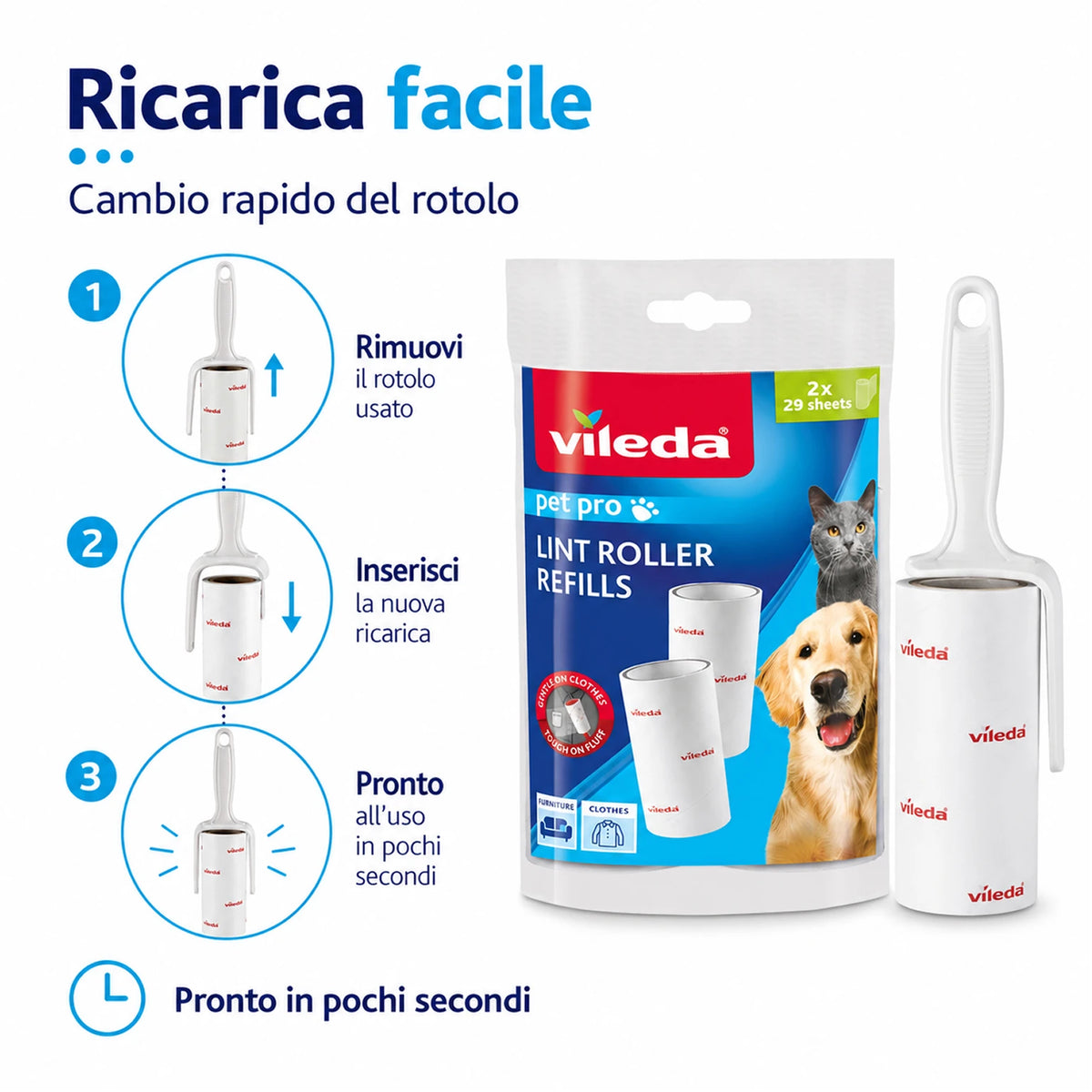 Confezione da 12 Vileda Pro Pet Lint Roller Refill, ricariche levapelucchi 2x29 fogli, per peli, polvere, pelucchi e sporco su tessuti compatibili