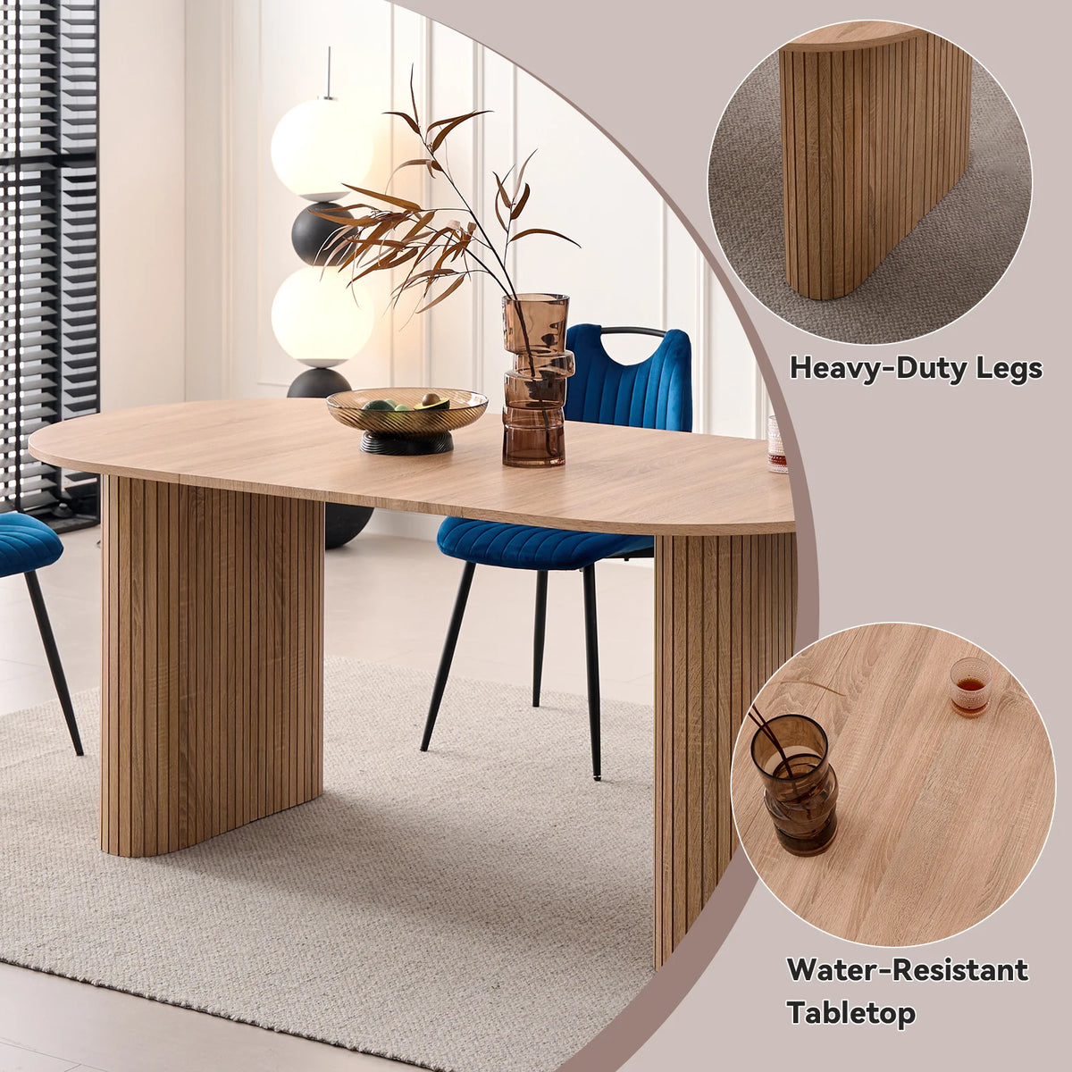 EGOONM Tavolo da Pranzo Moderno Ovale con Base Scanalata, Tavolo da Cucina per 6-8 Persone, Tavolo in Legno per Sala da Pranzo