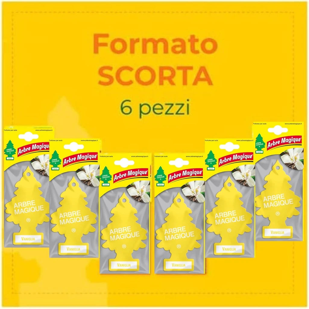 Confezione da 6, 12 o 24 Arbre Magique Vaniglia, profumatori auto da appendere, fragranza dolce e tropicale, formato scorta per auto, furgone, armadio e piccoli ambienti