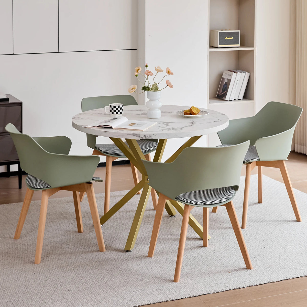 Sedie da pranzo moderne da 2 pezzi con braccioli - Guscio in PP + Gambe in legno + Cuscino in tessuto pied de poule per cucina, soggiorno, caffè
