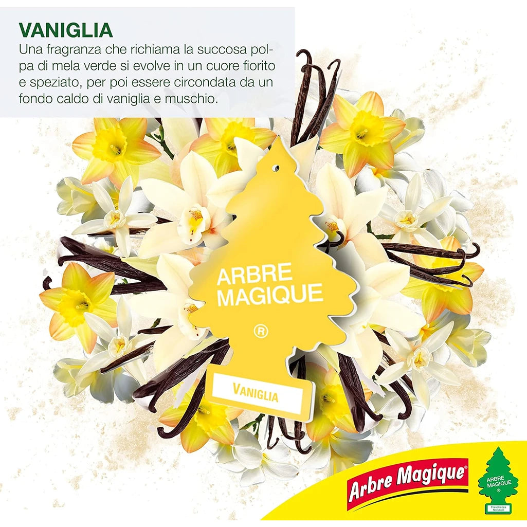 Confezione da 6, 12 o 24 Arbre Magique Vaniglia, profumatori auto da appendere, fragranza dolce e tropicale, formato scorta per auto, furgone, armadio e piccoli ambienti