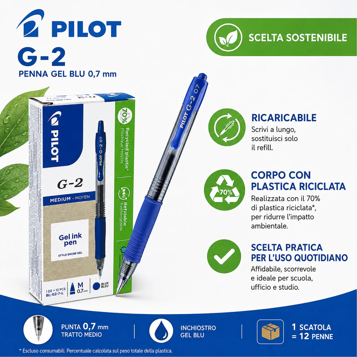 Confezione da 12 penne Pilot G2 blu 0,7 mm, penne a scatto per scuola, ufficio, appunti, documenti e cancelleria