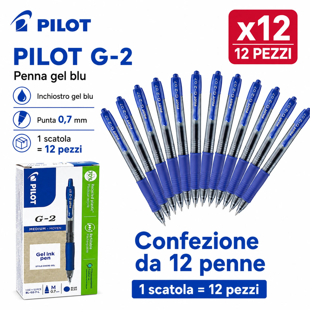 Confezione da 12 penne Pilot G2 blu 0,7 mm, penne a scatto per scuola, ufficio, appunti, documenti e cancelleria