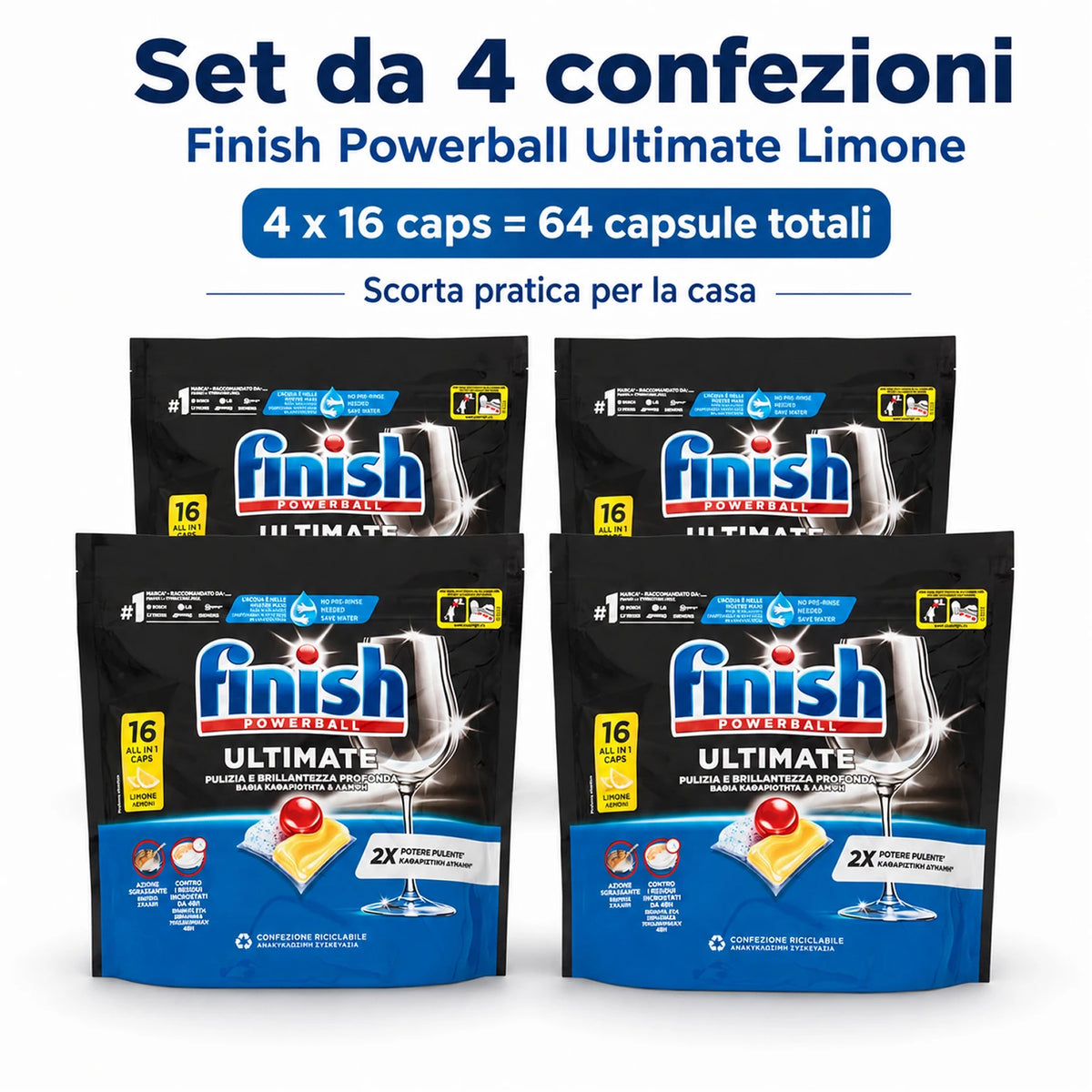 Finish Ultimate Limone 16 Tabs per Confezione, Pastiglie per Lavastoviglie, Varianti da 3 o 4 Confezioni, 48 o 64 Tabs Totali