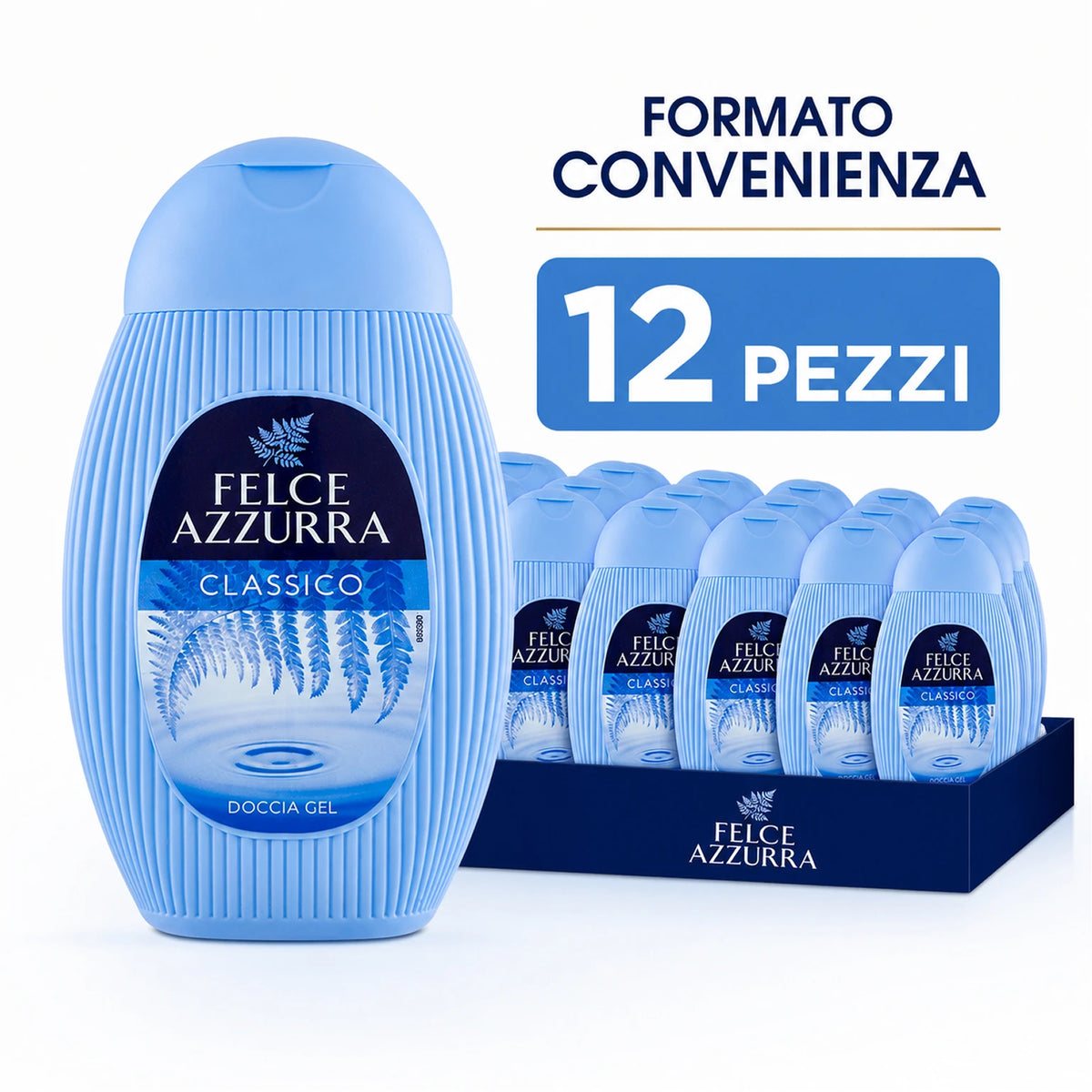 Confezione da 12 Felce Azzurra Doccia Classica 250 ml, bagnodoccia profumato per la detersione quotidiana, 3 L totali