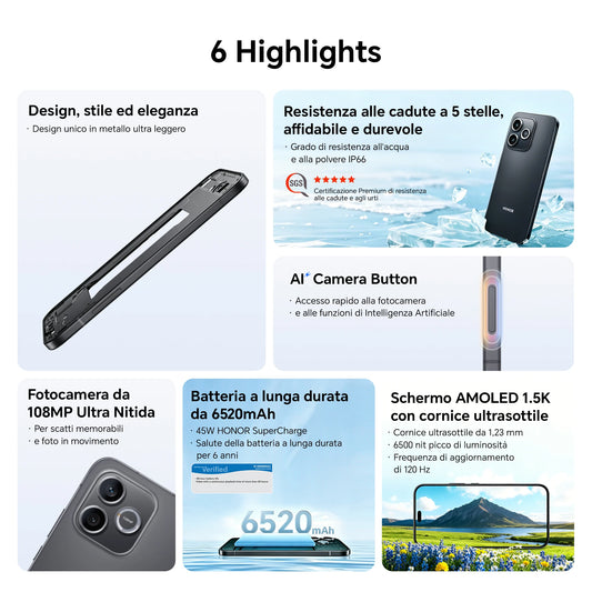 2026 New HONOR 600 Lite 5G Smartphone, Fotocamera AI da 108MP, Display AMOLED da 6.6", Batteria da 6520mAh con Ricarica Rapida 45W, Cellulare Android 16 Sbloccato, IP66&SGS, Dual SIM, NFC