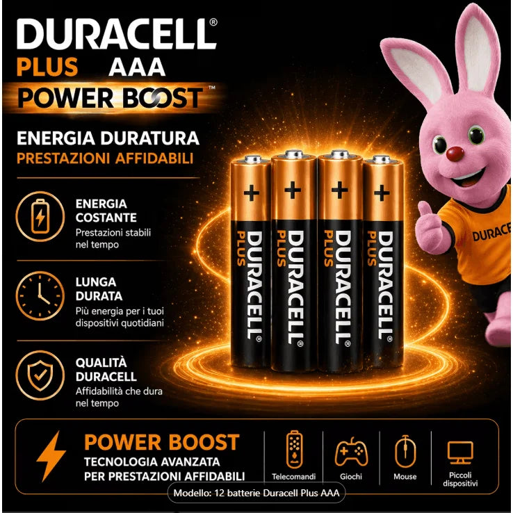 12 Batterie DURACELL Plus AAA – Confezione da 12 – 1.5 V Alcaline – Fino al +150 % di Durata – Active POWER BOOST