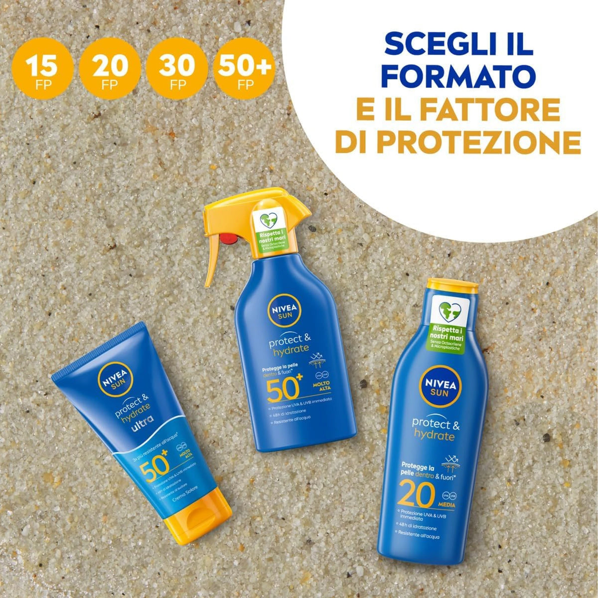 Confezione da 2 o 3 flaconi NIVEA SUN Protect & Hydrate Latte Solare SPF 50 200 ml, protezione corpo alta per mare, viaggio, vacanze e attività all’aperto