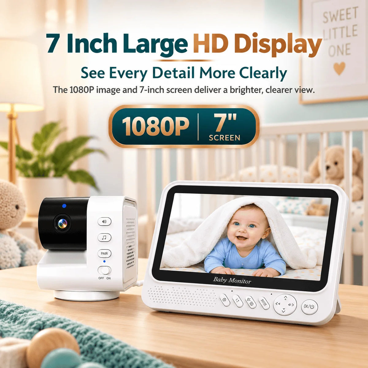 Monitor per bambini intelligente da 7 pollici con telecamera PTZ avanzata, zoom, sensore di temperatura, funzione di ninna nanna rilassante, visione notturna e audio bidirezionale. Offre una sorveglianza affidabile per la sic