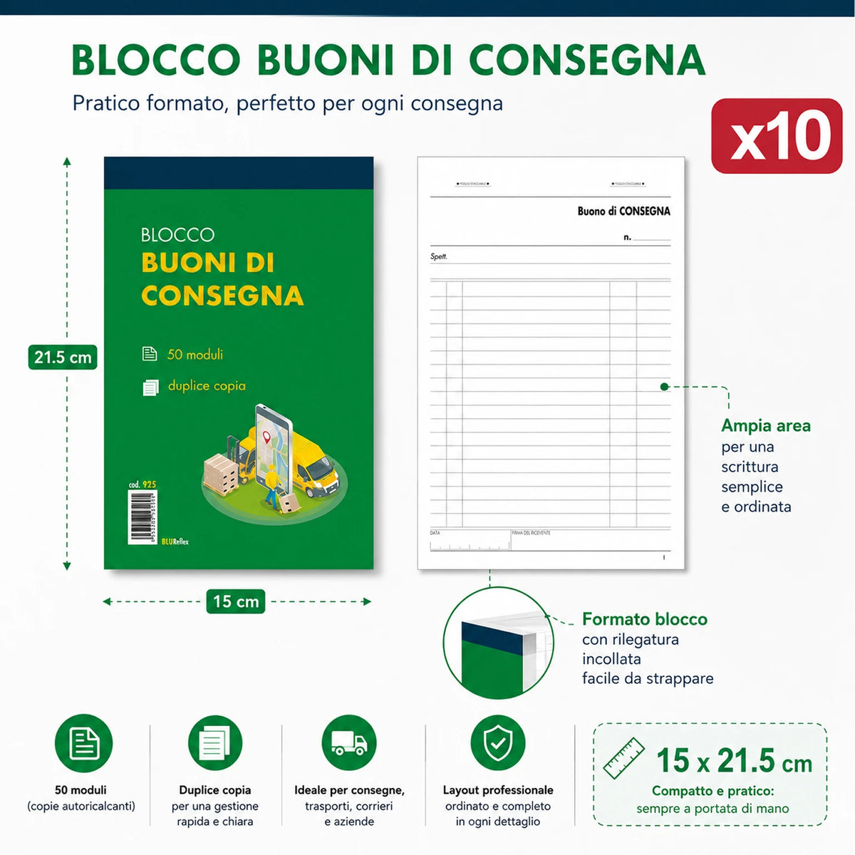 Confezione da 10 blocchi buoni consegna Blu925 15x23 cm, 50 fogli x 2 copie, moduli per consegne, magazzino, ufficio e attività commerciali