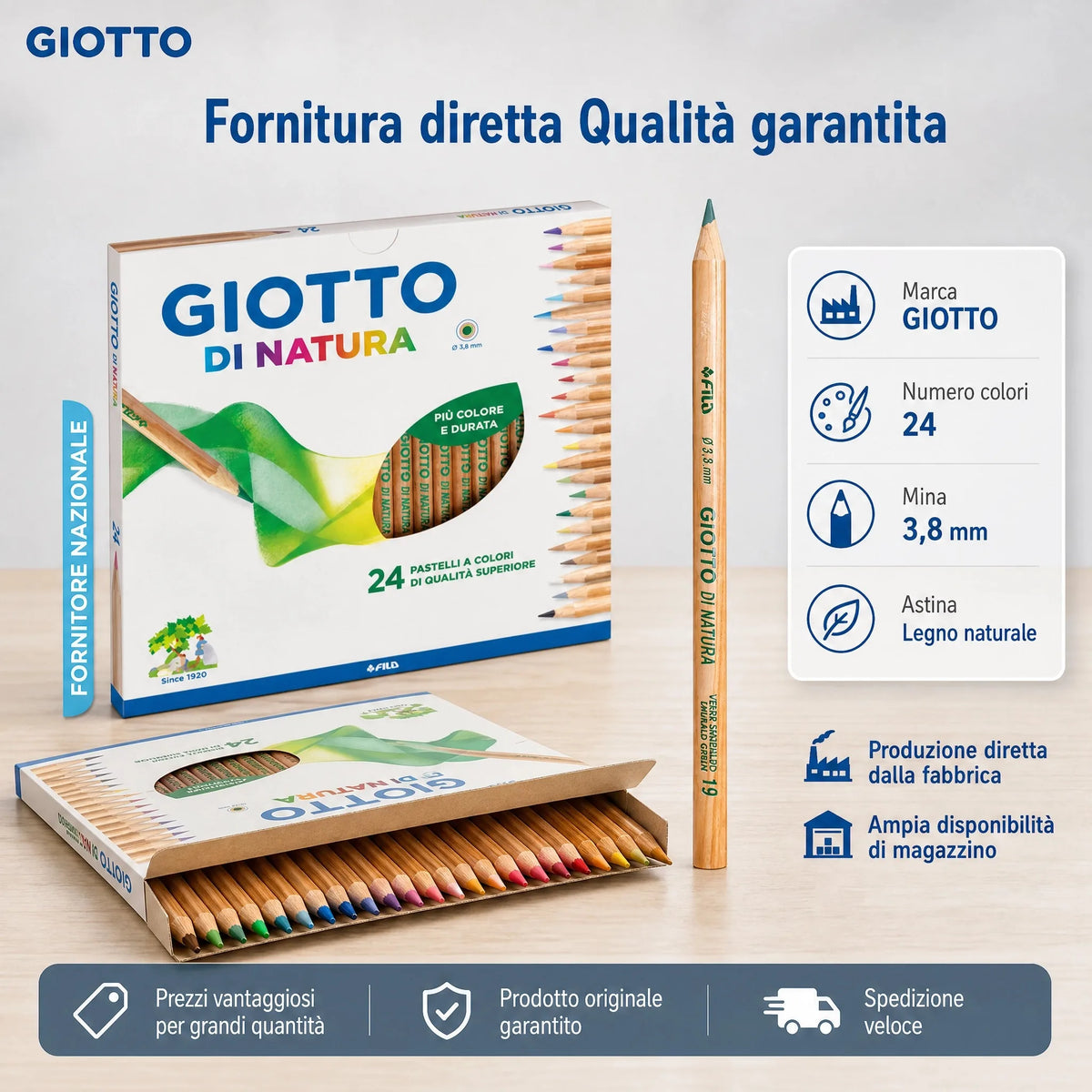 GIOTTO Di Natura – Set 24 Pastelli a Colori in Legno Naturale, Mina 3,8 mm