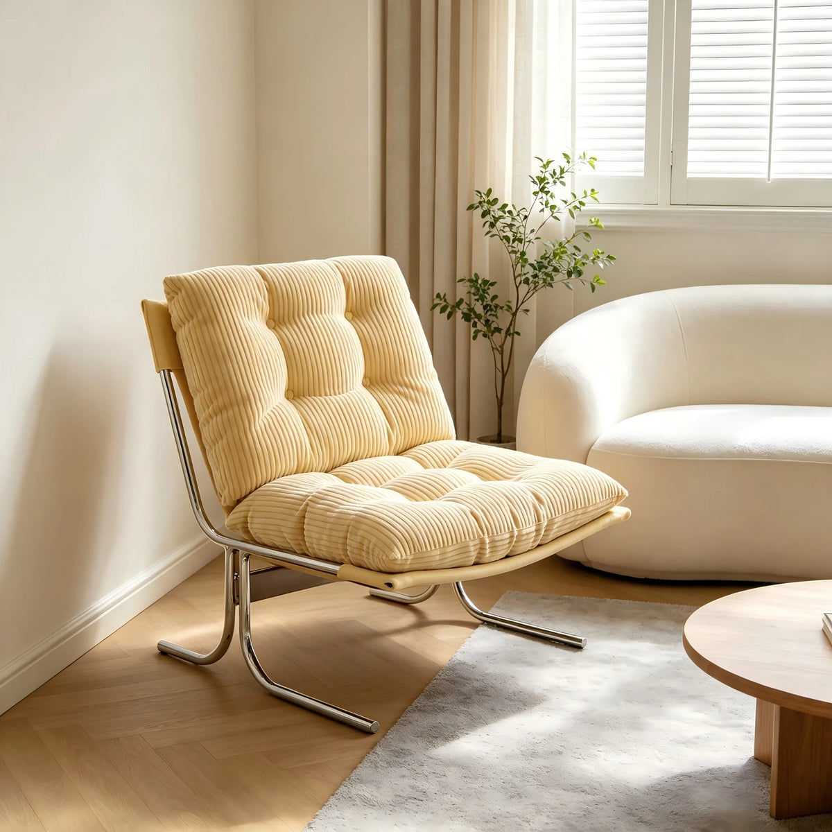 Comoda Poltrona in Velluto a Coste con Rivestimento Rimovibile, Elegante Sedia da Soggiorno con Gambe in Metallo, Morbida Poltrona in Stile Barcellona per Sala d'Attesa, Balcone, Camera da Letto