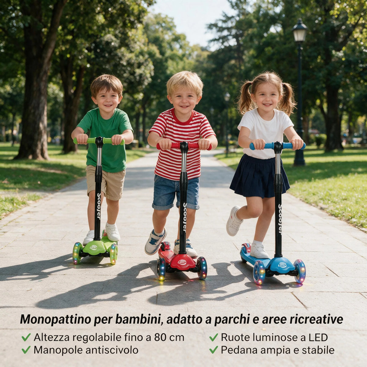Monopattino 3 ruote 120/80 Portata max 50 kg Monopattino da Città Rosso/Blu/Arancione/Verde Altezza Regolabile Freestyle Pedal Scooter