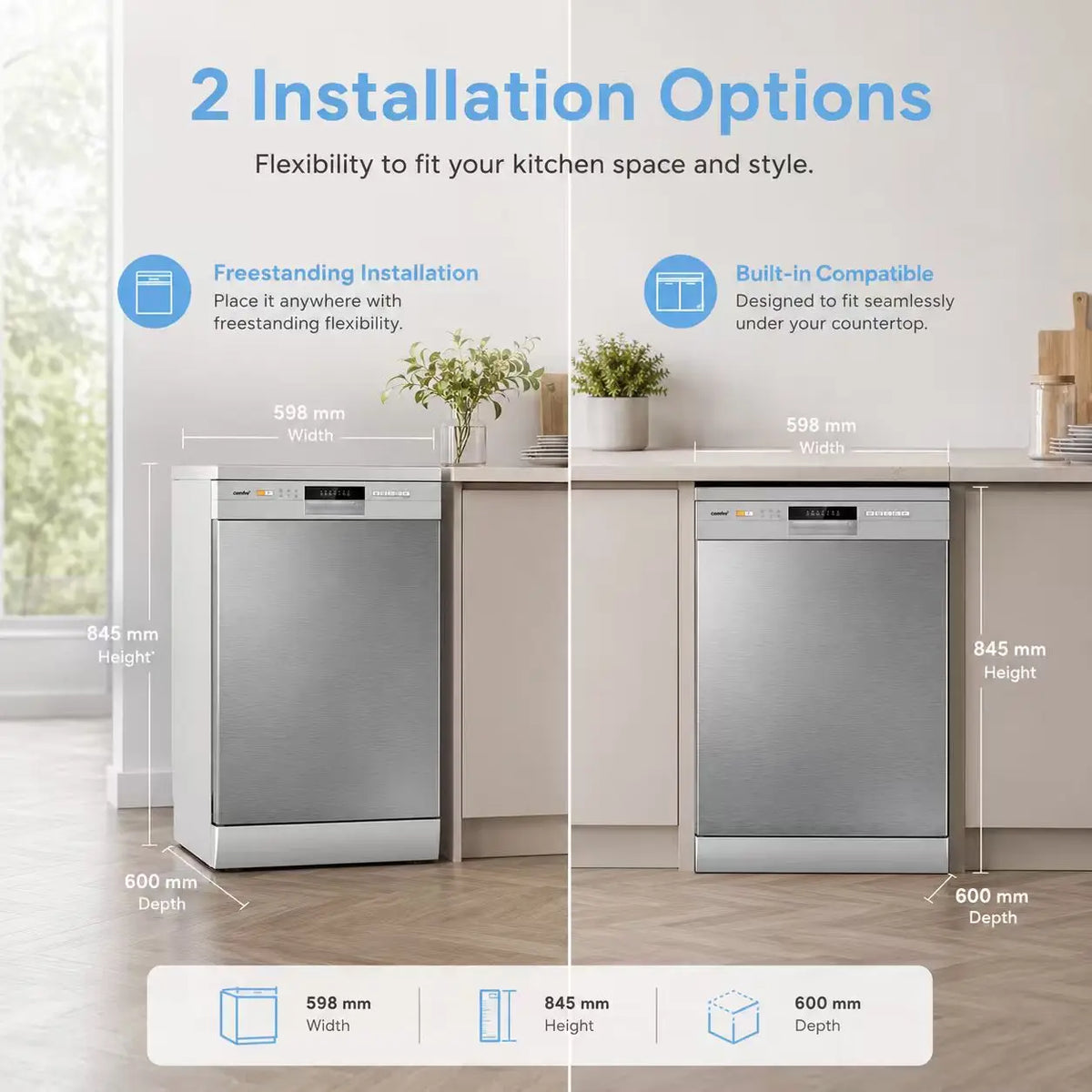 Comfee Lavastoviglie da Incasso a Grande Capacità, Interno in Acciaio Inox, Molteplici Programmi di Lavaggio, Funzionamento Silenzioso, Lavastoviglie a Risparmio Energetico per l'Aggiornamento della Cucina di Casa