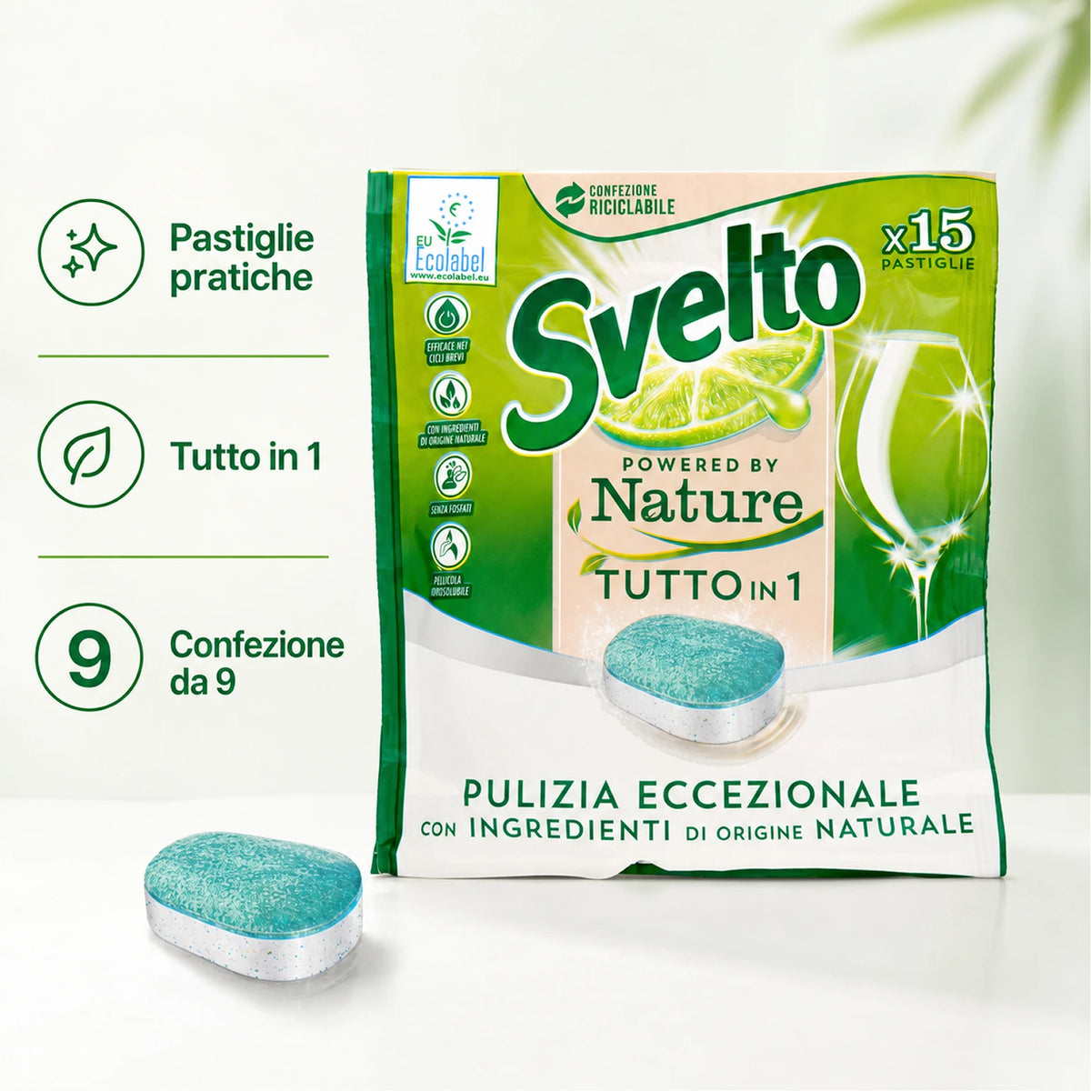 Confezione da 9 Svelto Tabs Tutto in 1 Regular, pastiglie lavastoviglie 15 pezzi, formato scorta per cucina, casa e uso quotidiano
