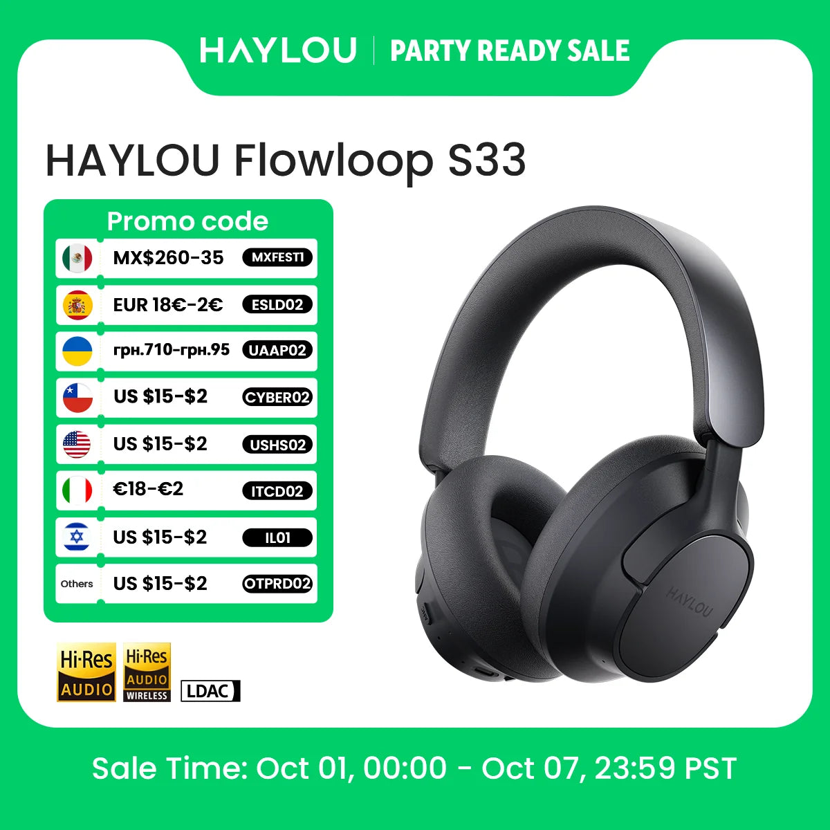 HAYLOU FlowLoop S33 Cuffie Wireless Over-Ear Bluetooth con Cancellazione Attiva del Rumore 45dB, Hi-Res LDAC, 100h di Autonomia