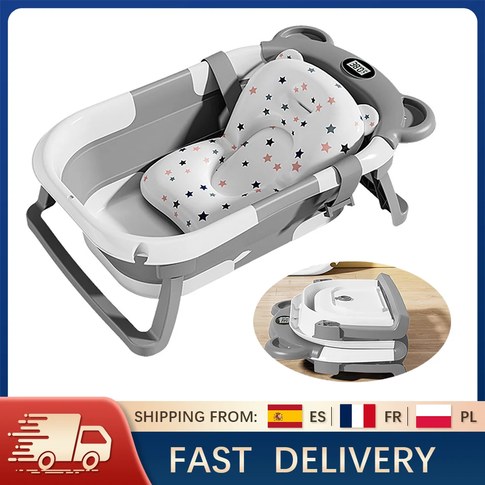 Vasca da bagno pieghevole per bambini con termometro Tappetino da bagno antiscivolo Supporto per cuscino Vasca da doccia portatile per neonato per piscina da viaggio 0-15M
