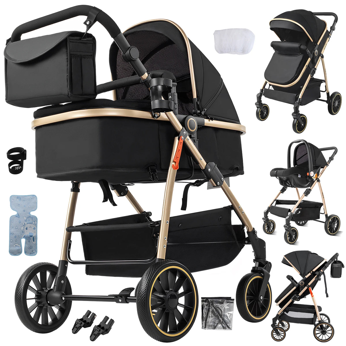 Passeggino 3-in-1 Pieghevole per Neonati con Seggiolino Auto, Sistema da Viaggio Leggero, Sicuro e Stabile, Nuovo Carrozzino