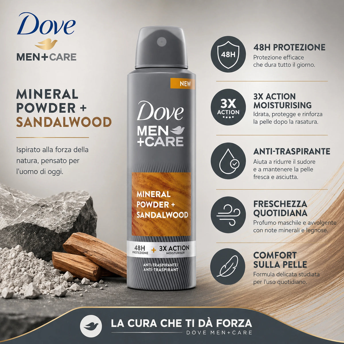 Dove Men+Care Spray Minerals + Sage 150 ml, deodorante spray uomo, varianti da 2, 3 o 6 confezioni, 300/450/900 ml totali