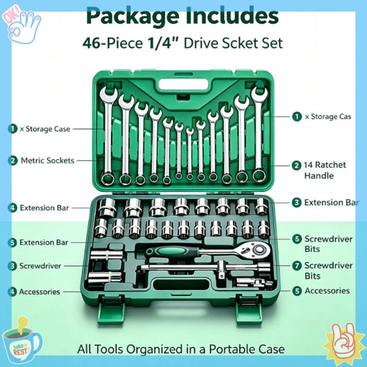 Set di utensili francesi da 46 pezzi con cricchetto da 1/4 di pollice, kit di chiavi a cricchetto combinato per riparazioni auto e manutenzione domestica.