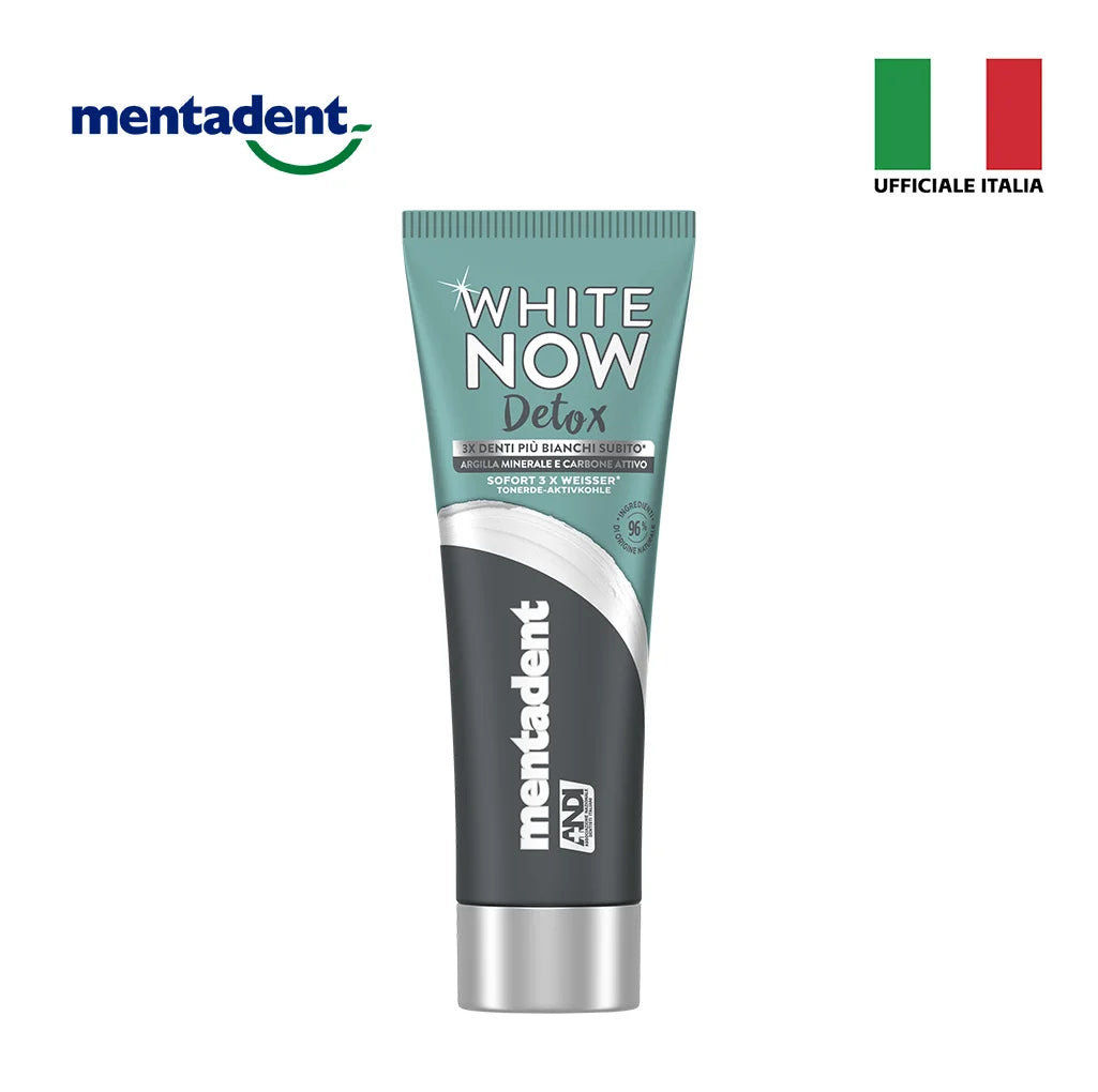 Confezione da 12 Mentadent White Now Detox Carbone 75 ml, dentifricio per igiene orale quotidiana, 900 ml totali