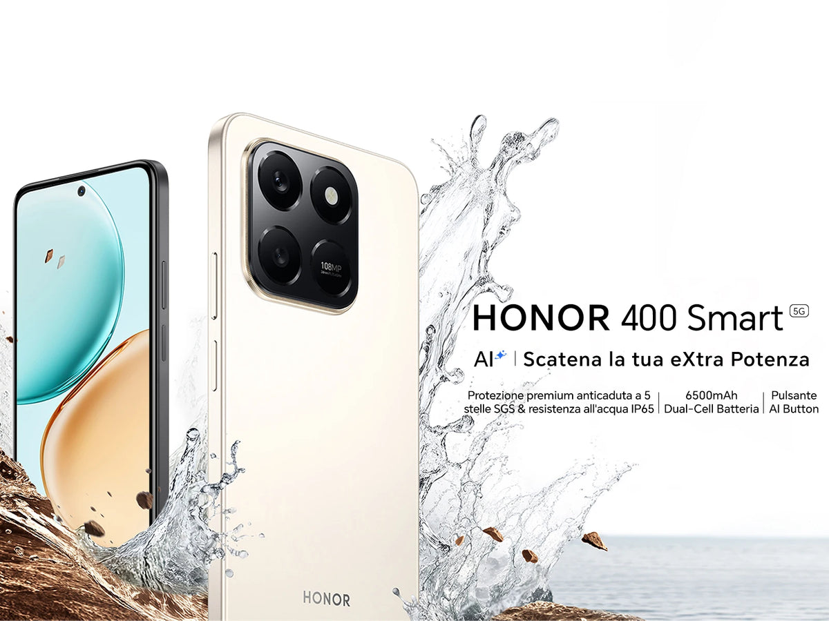 HONOR 400 Smart 4G Smartphone, Display 6.77" 120Hz, Batteria 6500mAh Doppia Cella, Fotocamera AI 108MP, Certificazione SGS 5 Stelle, Resistenza IP65, NFC, Dual SIM, Android 15