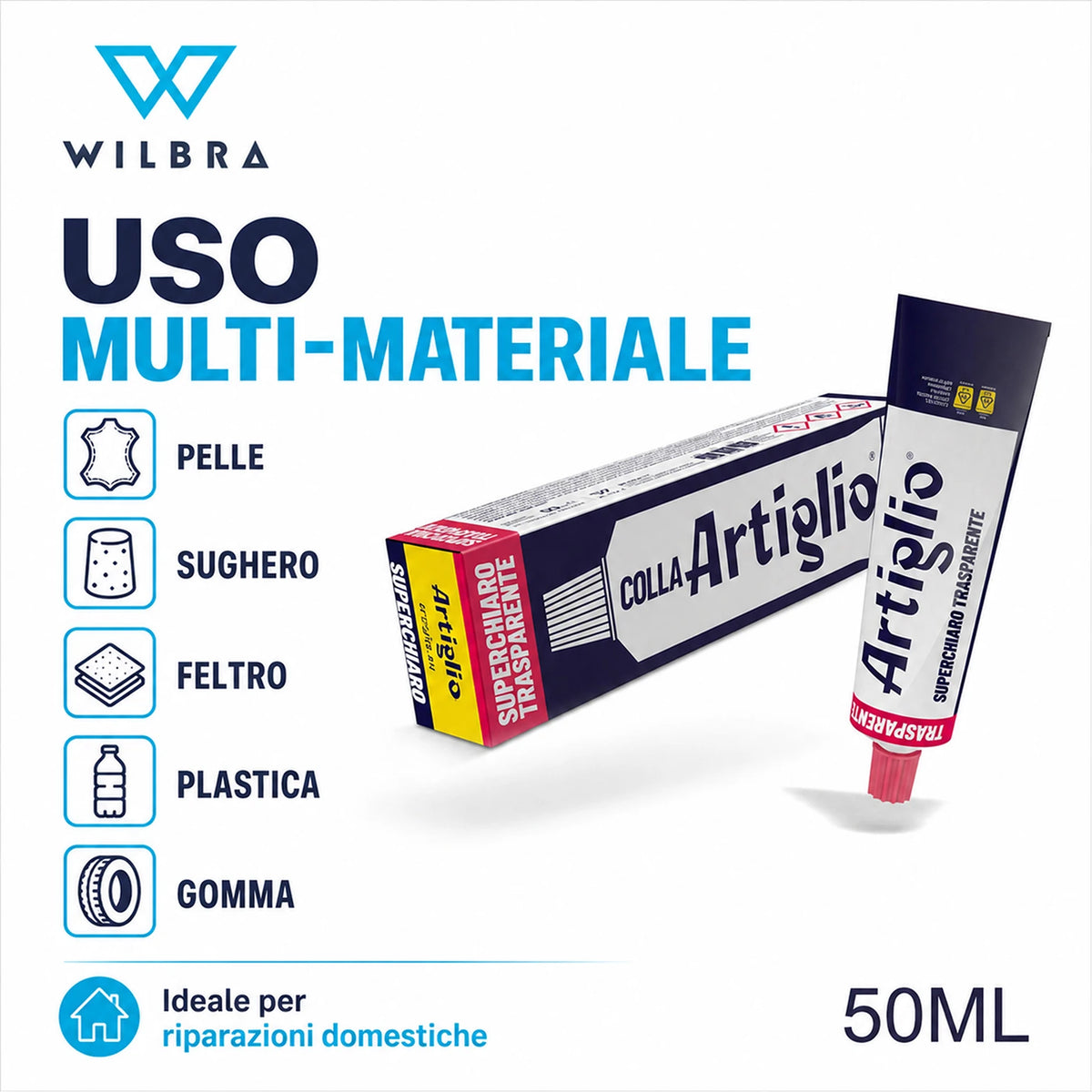 Confezione da 6 Colla Artiglio Super Chiaro 50 ml, adesivo in tubetto per cuoio, pelle, sughero, feltro, legno, plastica e gomma