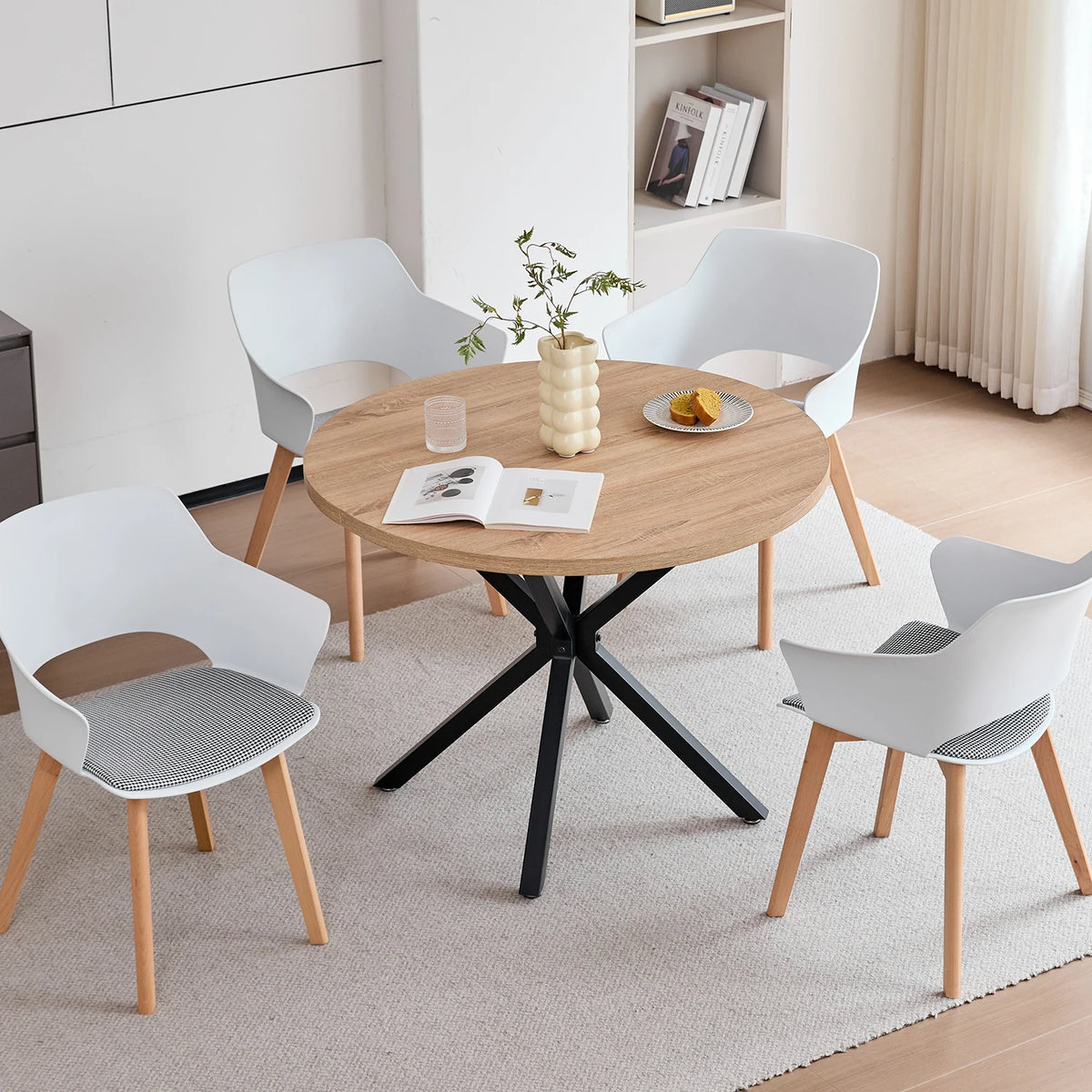 Sedie da pranzo moderne da 2 pezzi con braccioli - Guscio in PP + Gambe in legno + Cuscino in tessuto pied de poule per cucina, soggiorno, caffè