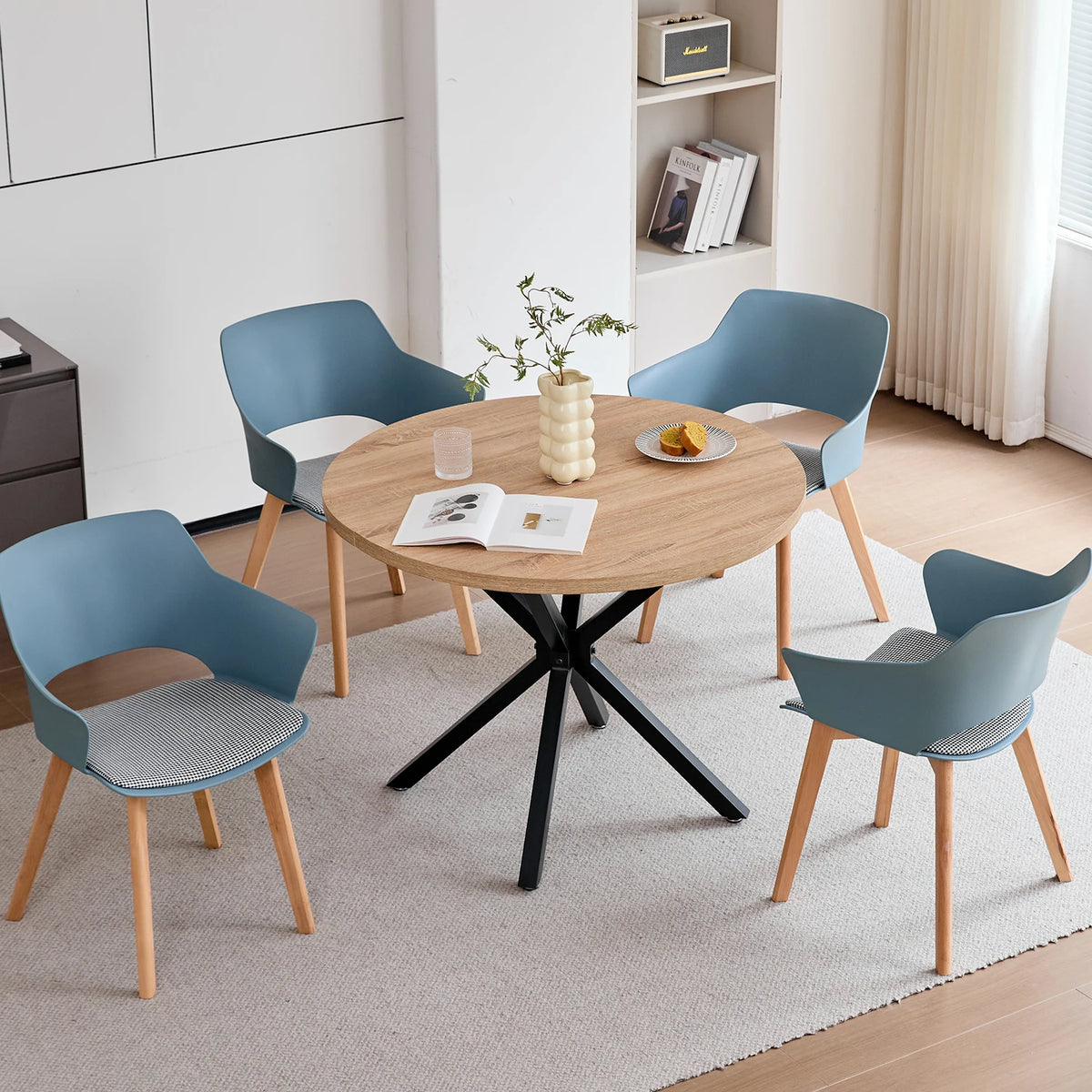 Sedie da pranzo moderne da 2 pezzi con braccioli - Guscio in PP + Gambe in legno + Cuscino in tessuto pied de poule per cucina, soggiorno, caffè