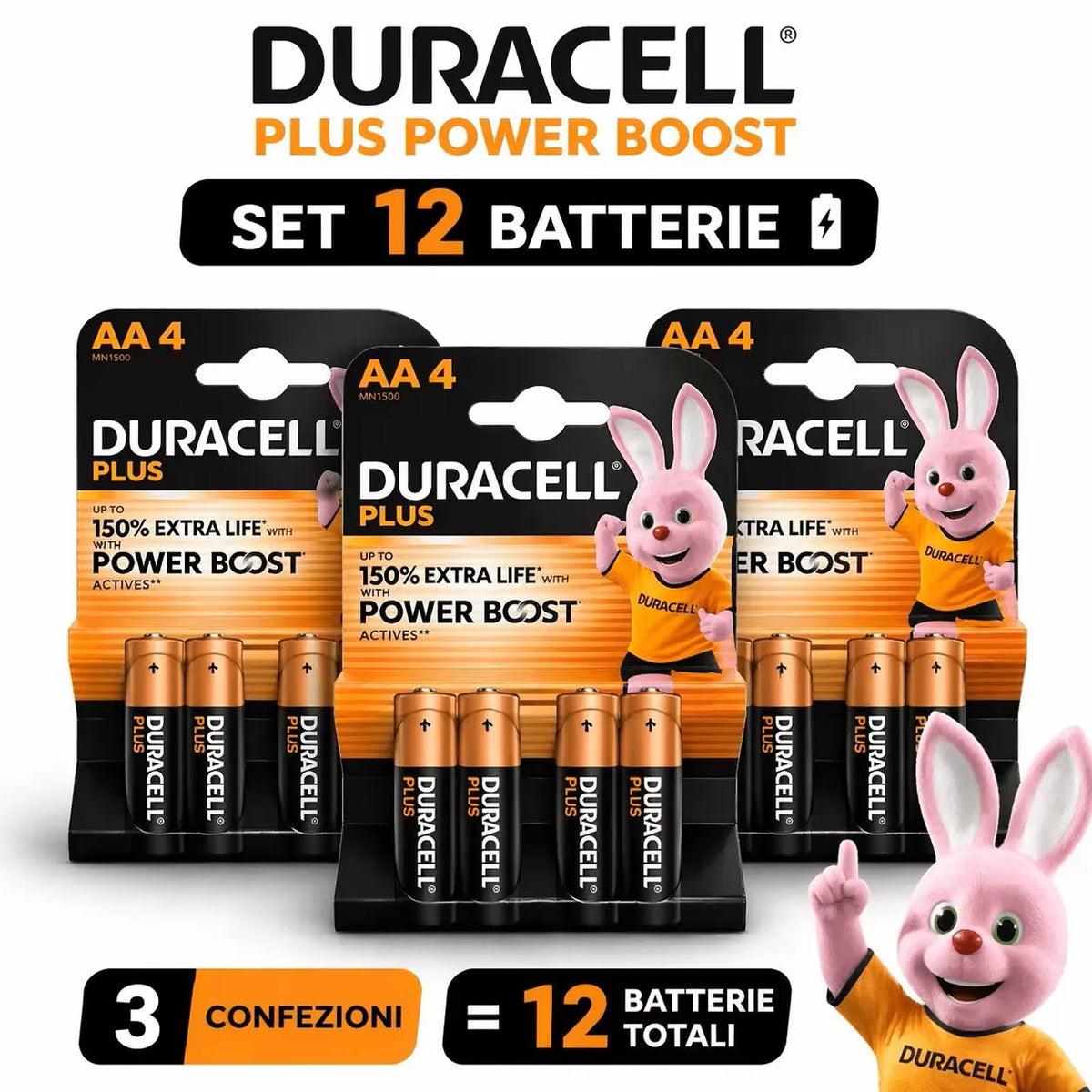 Confezione da 12 Batterie Alcaline Duracell AA Plus, Pacco da 4 Batterie a Lunga Durata