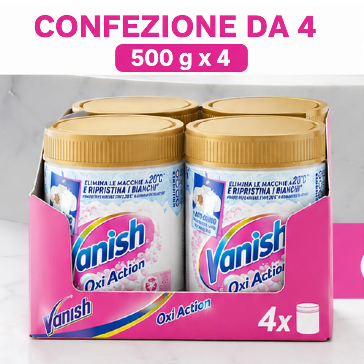 Confezione da 4 Vanish Oxi Action Multipower Polvere Bianco Splendente 1 kg, smacchiatore per capi bianchi, additivo lavatrice multiazione senza candeggina
