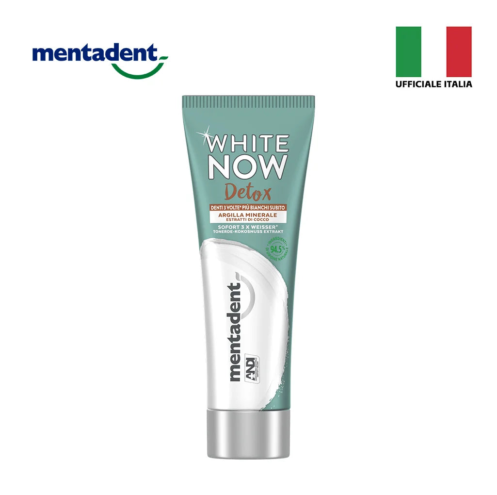 Confezione da 12 Mentadent White Now Detox Cocco 75 ml, dentifricio al gusto cocco per igiene orale quotidiana, 900 ml totali