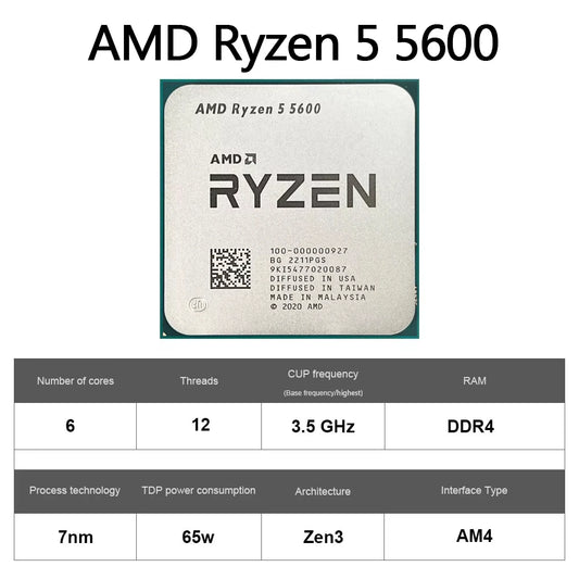 Processore Desktop AMD Ryzen 5 5600, 6C/12T, 4.4GHz, 32MB Cache, AM4, Senza Dissipatore Incluso