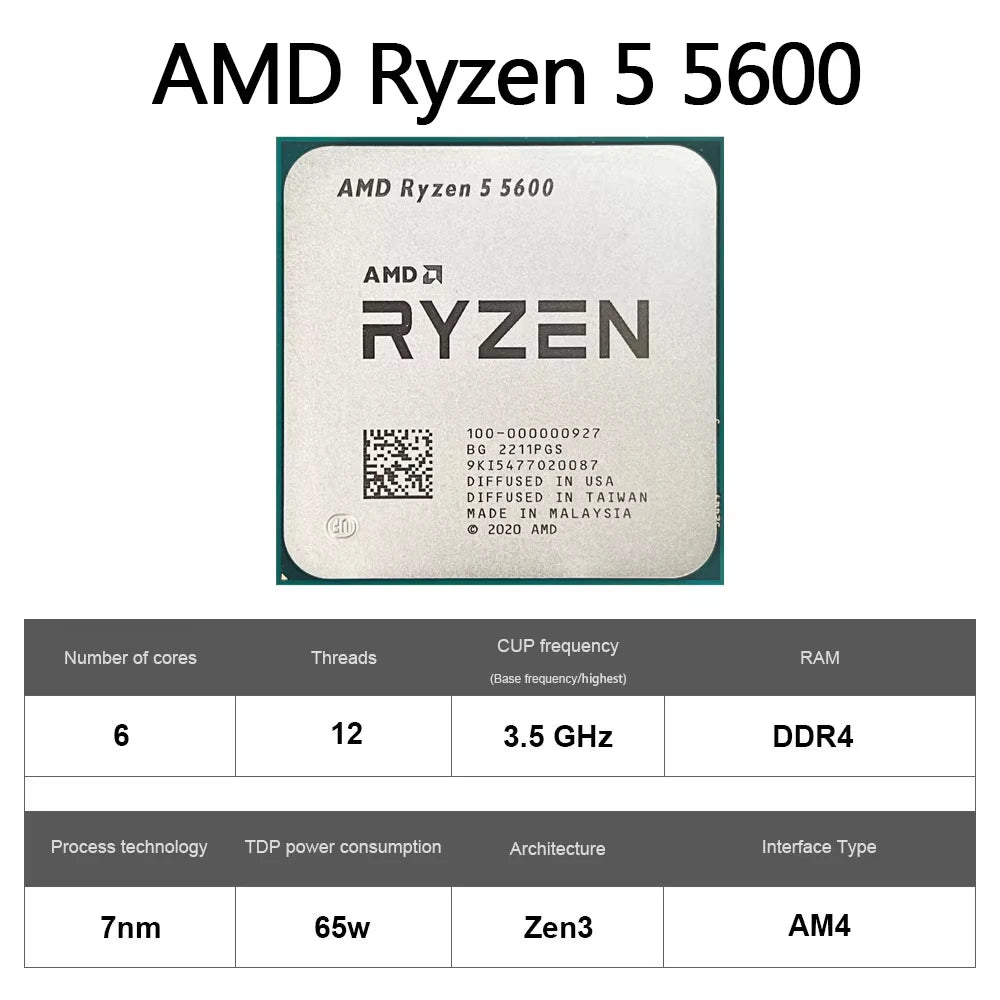 Processore Desktop AMD Ryzen 5 5600, 6C/12T, 4.4GHz, 32MB Cache, AM4, Senza Dissipatore Incluso