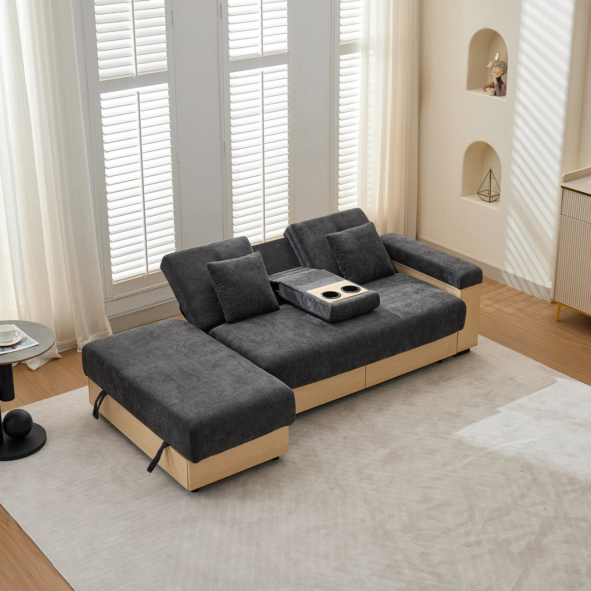 Divano Living Landscape con contenitore e schienale regolabile 3X - Divano letto in ciniglia beige a 3 posti con cassetti, portabicchieri e sgabello contenitore, 217x110 cm per soggiorno e camera degli ospiti