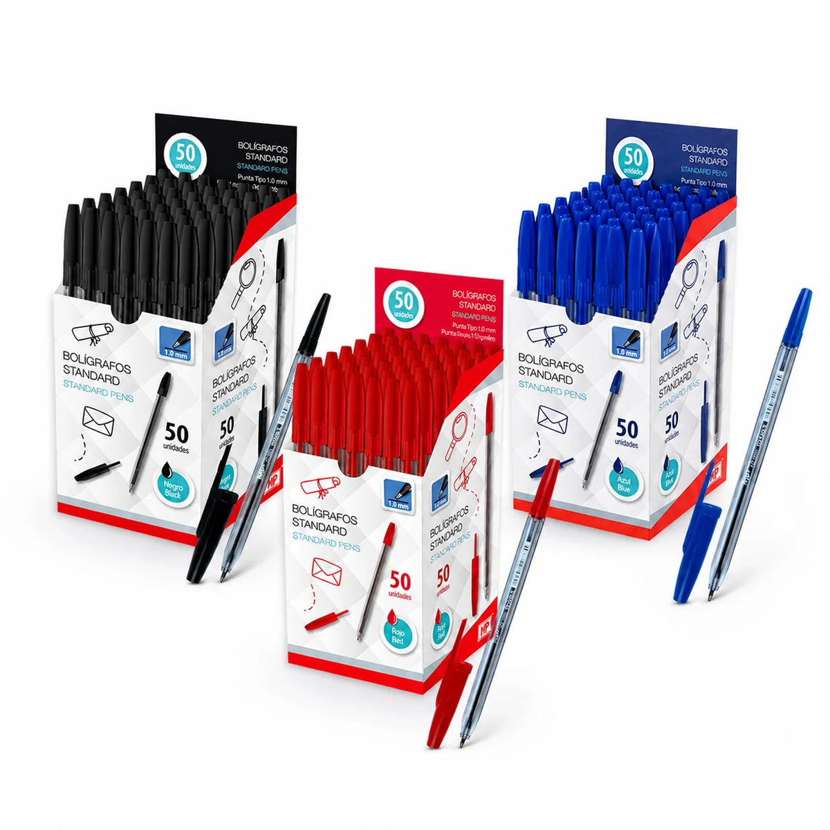 Confezione da 50 penne a sfera classiche, punta media, 1,0 mm. | Penne a scrittura fluida per scuola, ufficio e studio | Corpo trasparente, 14,5 cm (blu / nero / rosso).