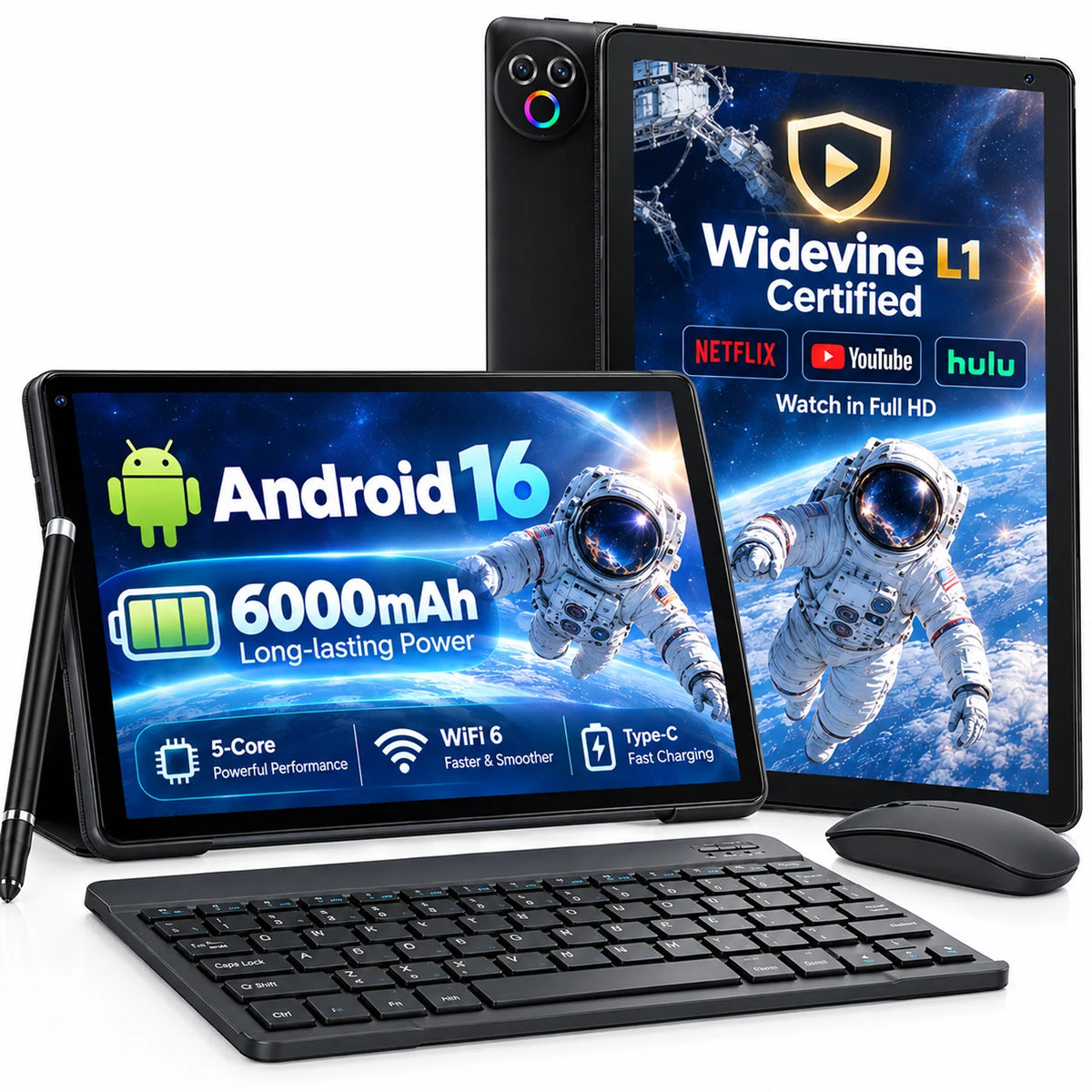 Kb1001L Tablet Android 16 con schermo touchscreen da 10,1 pollici, 20(3+17)Gb di RAM + 64Gb di ROM, processore 5-Core A333 con tastiera, mouse, penna, custodia e auricolari, batteria da 6000Mah, doppia fotocamera 5Mp+8Mp, Wi-