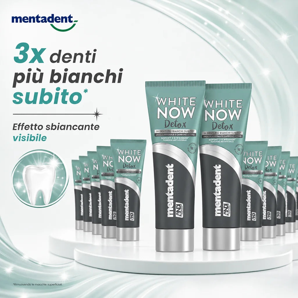 Confezione da 12 Mentadent White Now Detox Carbone 75 ml, dentifricio per igiene orale quotidiana, 900 ml totali