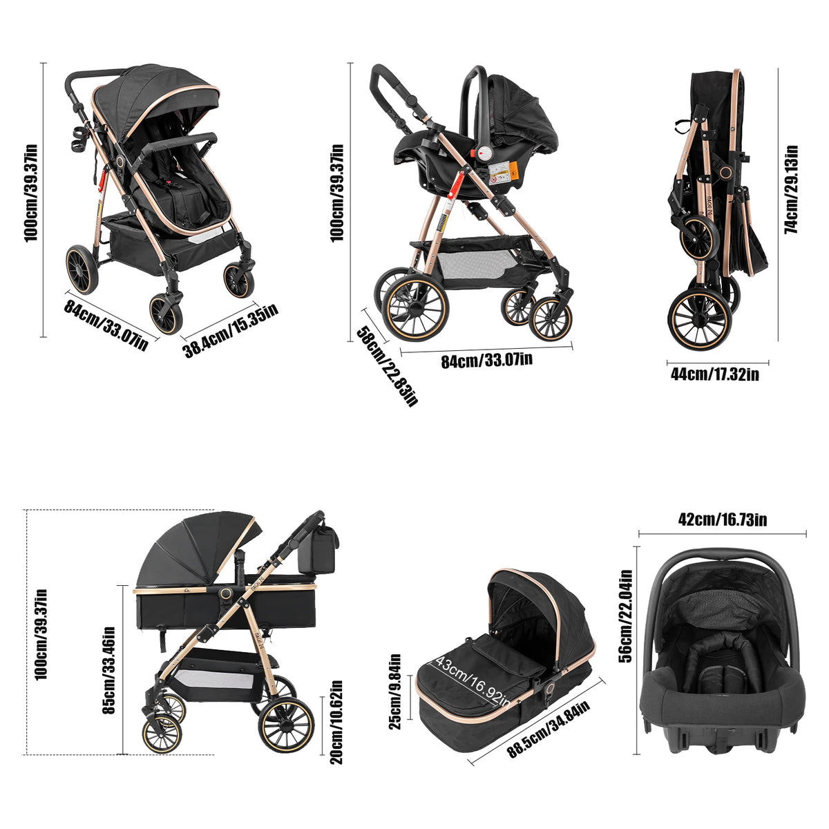 Passeggino 3-in-1 Pieghevole per Neonati con Seggiolino Auto, Sistema da Viaggio Leggero, Sicuro e Stabile, Nuovo Carrozzino