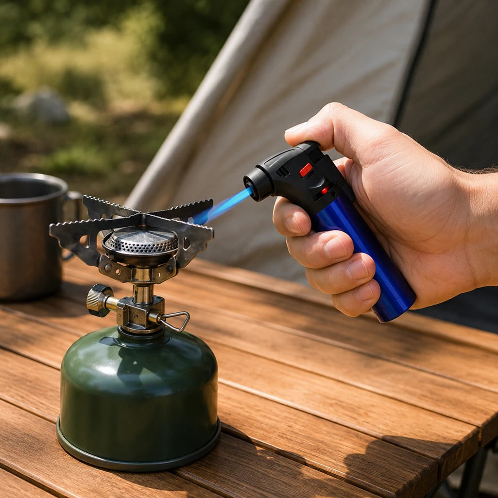 Confezione da 12 set accendini-torcia a butano 4 pezzi, accenditori antivento ricaricabili con fiamma regolabile e rotazione 360° per cucina, campeggio e barbecue
