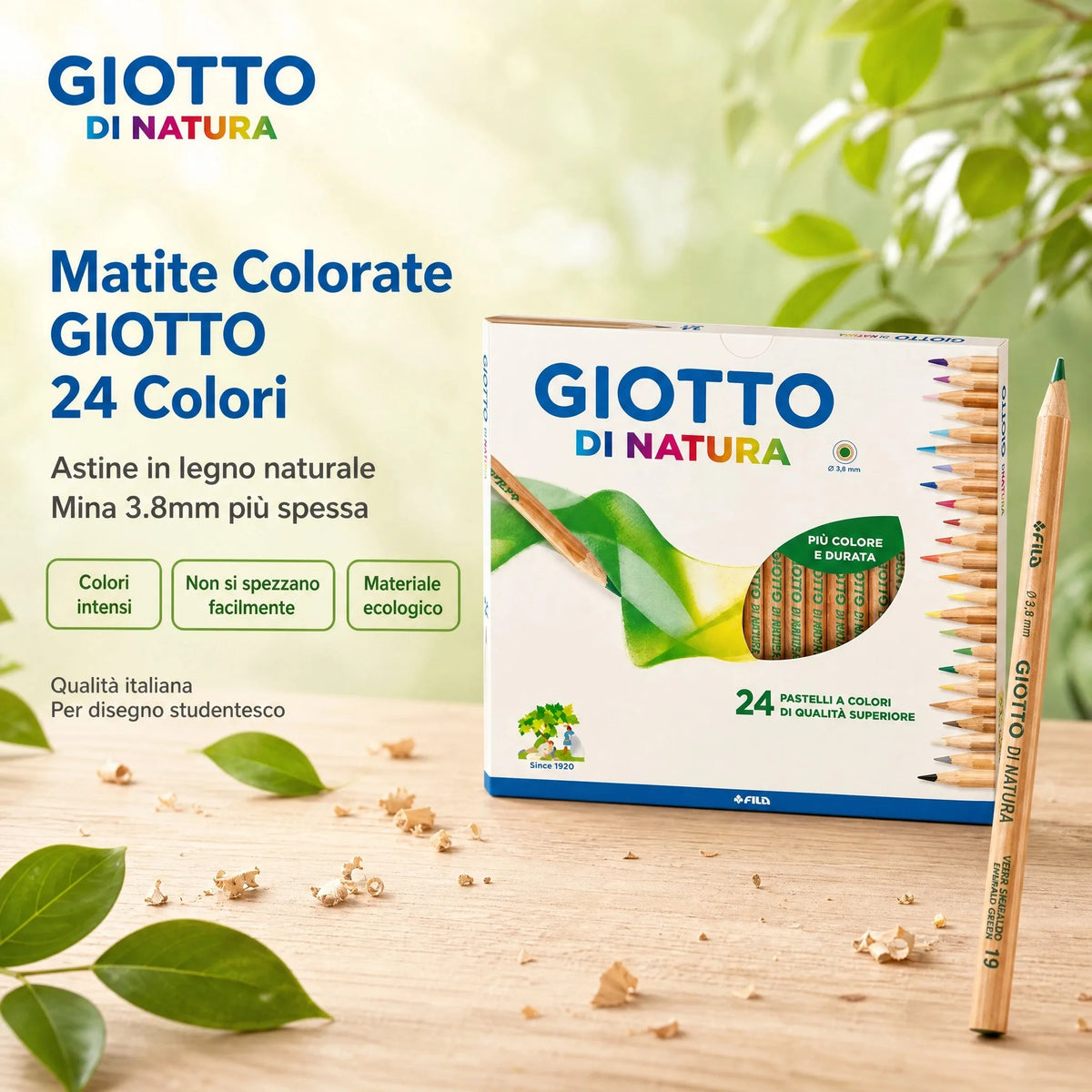 GIOTTO Di Natura – Set 24 Pastelli a Colori in Legno Naturale, Mina 3,8 mm