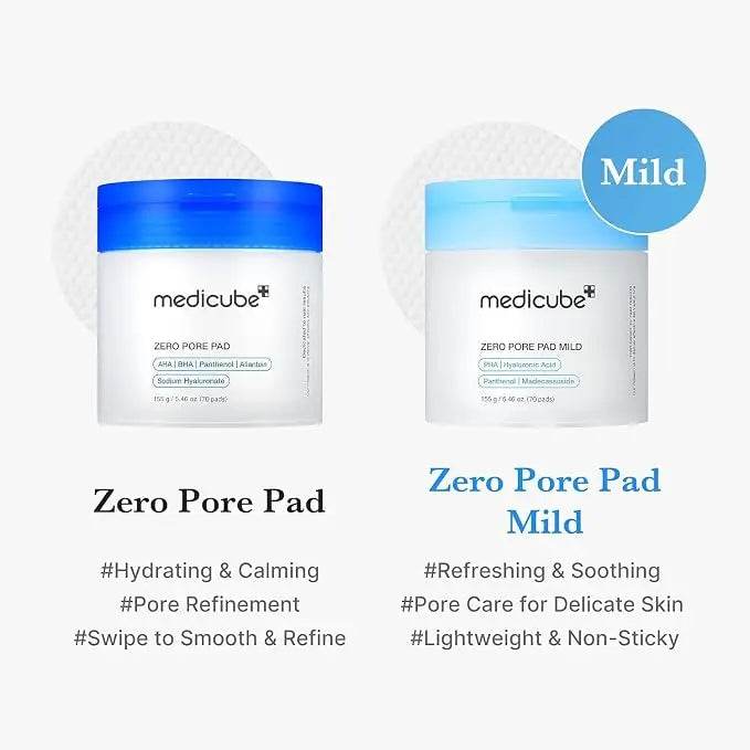medicube Zero Pore Pad Mild 2.0 | Dischetti Esfolianti con PHA, Centella e Acido Ialuronico | Riduce Pori, Punti Neri e Sebo | Doppia Texture | Pelle Sensibile | Cosmetici Coreani | 70 pz