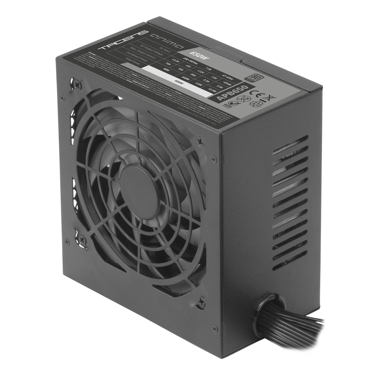Tacens Anima APB650, Alimentatore per PC ATX 650W, Certificazione bronzo 80Plus, Efficienza 85%, Tecnologie SMD e DC-DC, Ventola ultra silenziosa da 12 cm, Cavi piatti extra lunghi, Sorgente PC nera da 650 W