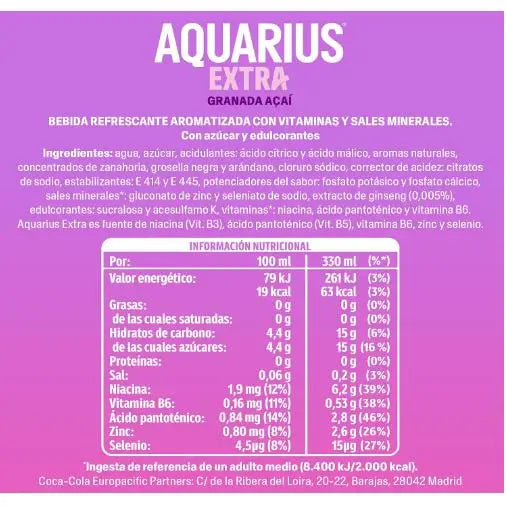 Aquarius Extra Granada Açaí, NUOVA Bevanda a Basso Contenuto Calorico, 24x330 ml