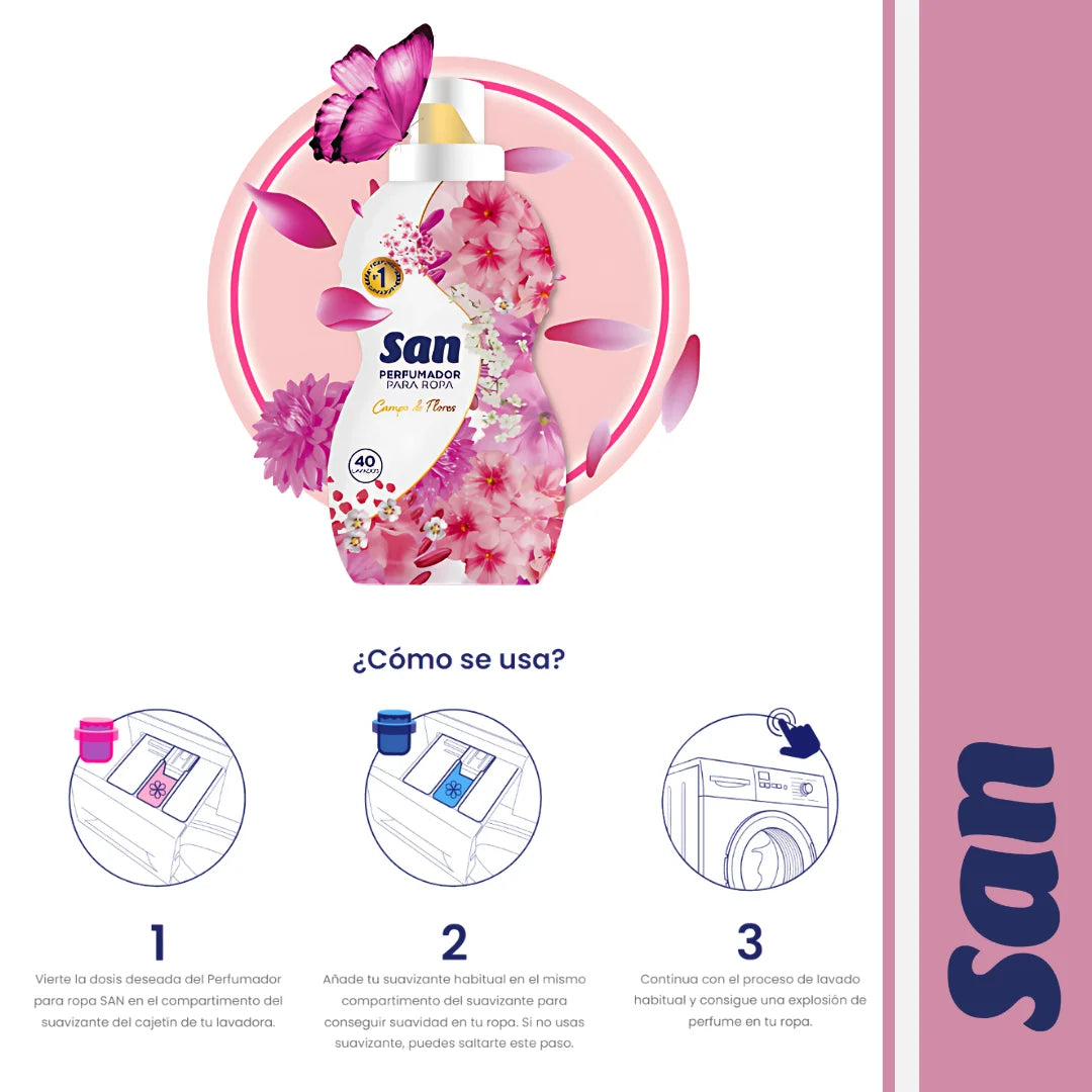 SAN Flower Field Detergente Profumato per Lavatrice, 40 Lavaggi, 800ml, Confezione da 4, Liquido Concentrato per Indumenti, Fragranza Morbida ed Elegante a Lunga Durata, Profumo Floreale con Talco