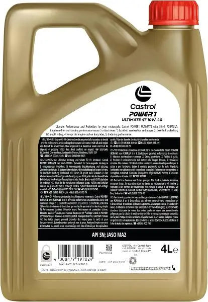 CASTROL POWER1 ULTIMATE 4T 10W40 4L Olio Motore
Castrol POWER1 ULTIMATE è 100% sintetico e adatto a tutte le marche di motociclette a 4 tempi.
Contenitore da 4 litri