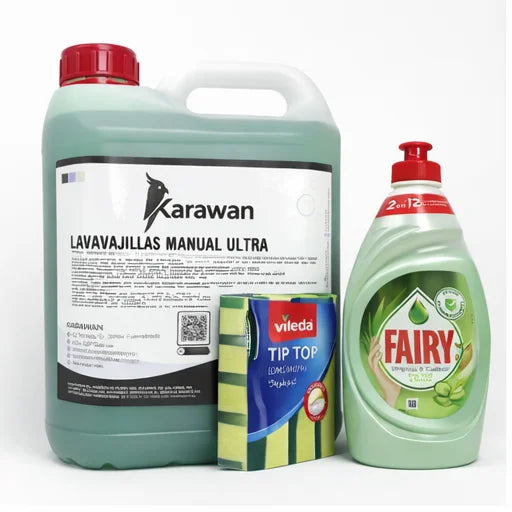 Kit Pulizia Lavastoviglie - Detergente Concentrato Ultra Karawan 5L + Fairy 340ml + Spugne Videla x5 Unità
