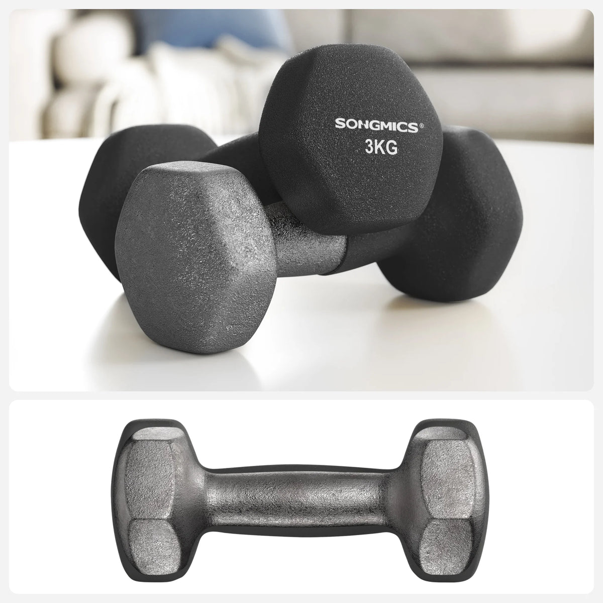 SONGMICS Set di Manubri, 3 Paia, 2 x 1kg, 2 x 2kg, 2 x 3kg, Supporto per Riporre, Palestra e Bodybuilding, Rivestimento Antiscivolo in Neoprene
